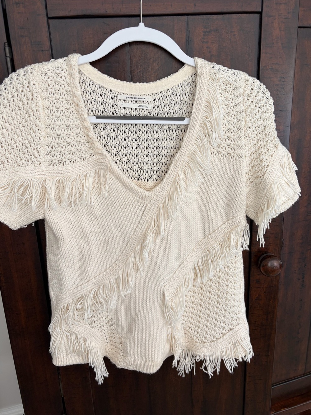 Anthropologie Cream Fringe Knit V-Neck Top